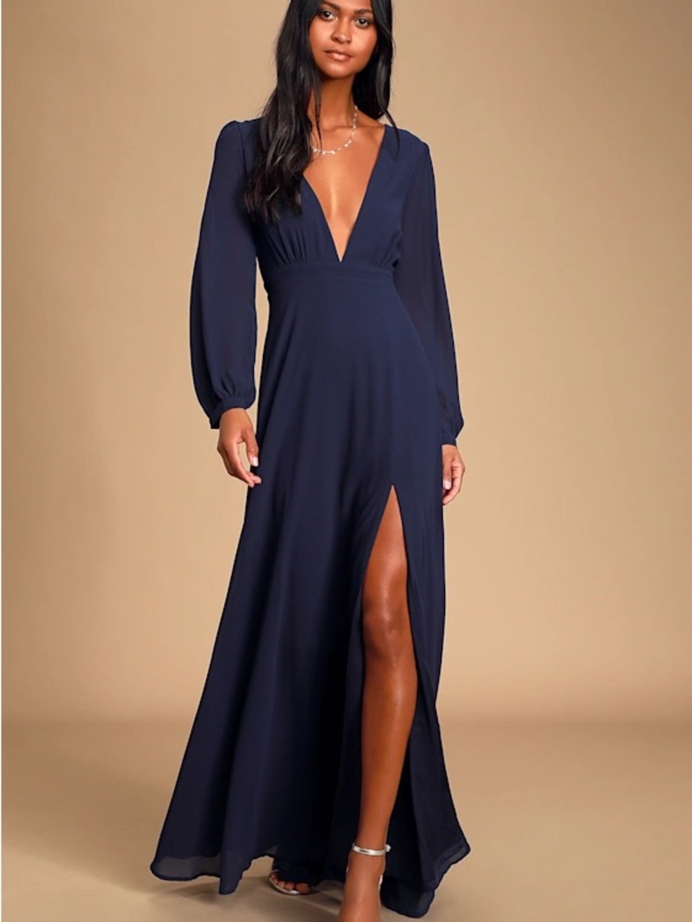 Lulu's Navy Plunge V-Neck Long Sleeve Maxi Dress
